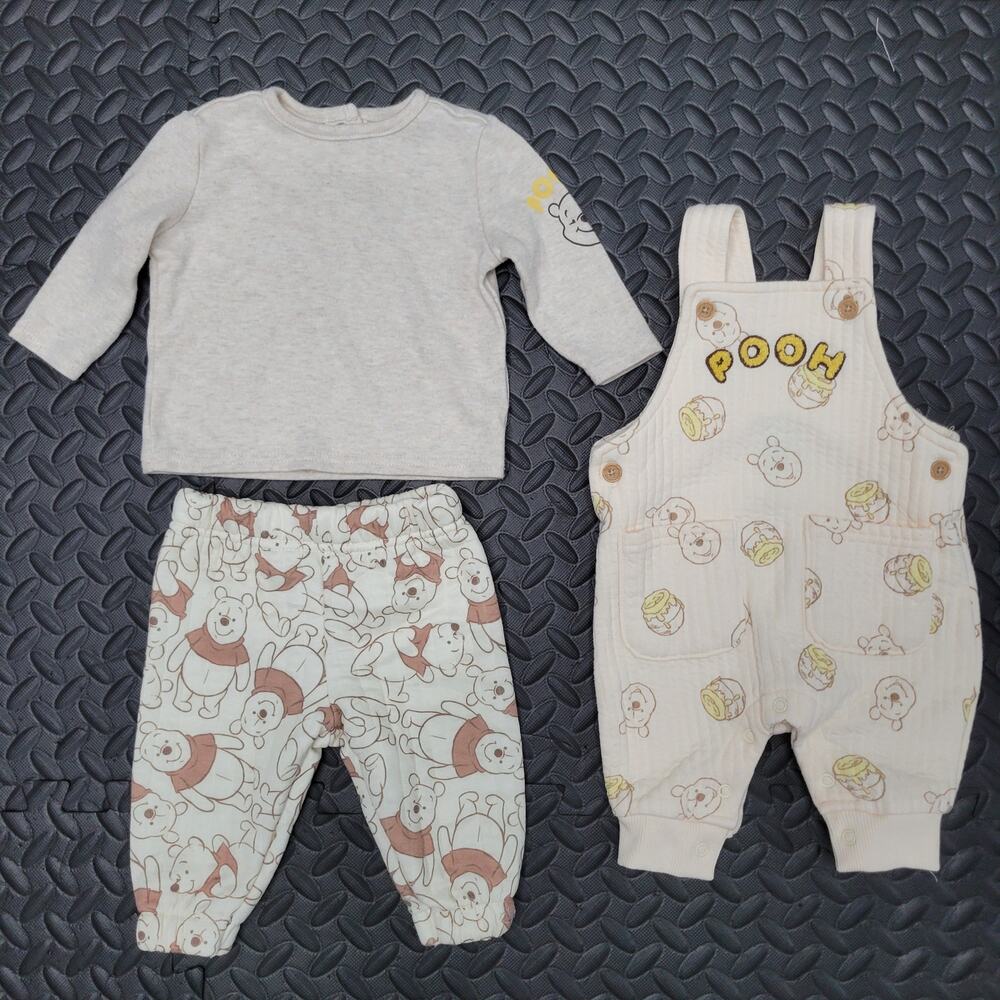 Disney Baby Winnie the Pooh 3 Piece Outfit Set 0-3M Overalls Pants Shirt